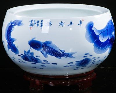 景德镇陶瓷器手绘青花瓷鱼缸聚宝盆水浅乌龟缸荷花盆客厅装饰摆件